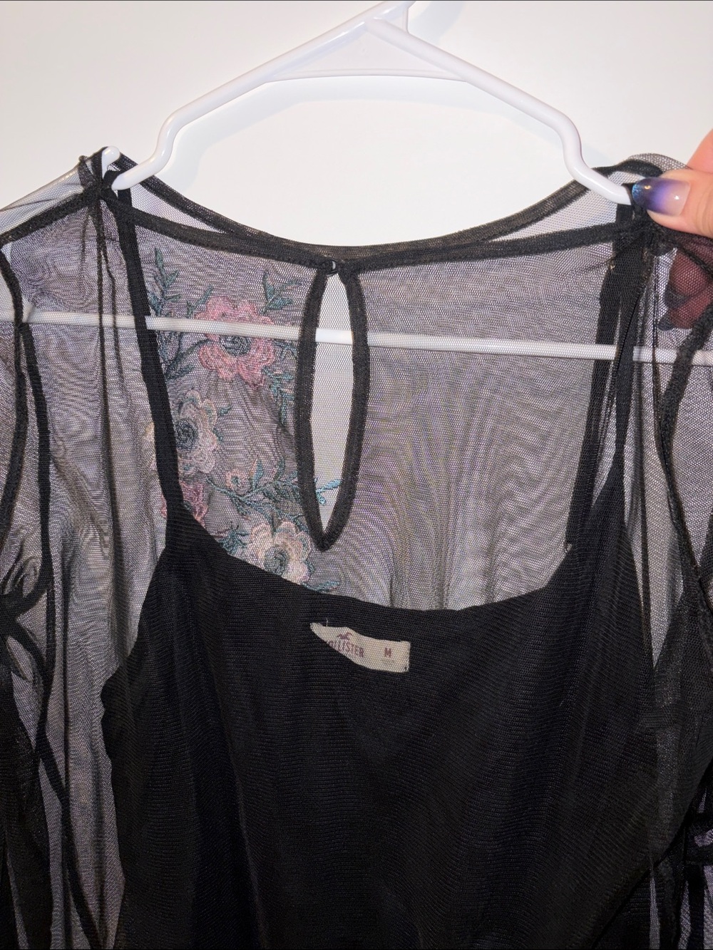 Hollister Black Mesh Camisole with Pink Floral Embroidery - Picture 5 of 6